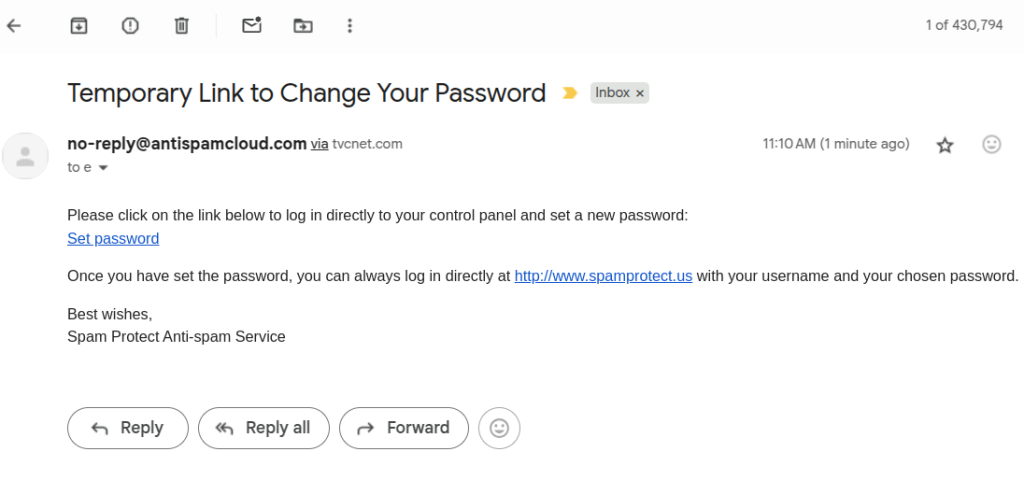 Example of Temporary Link to Change Your Password email