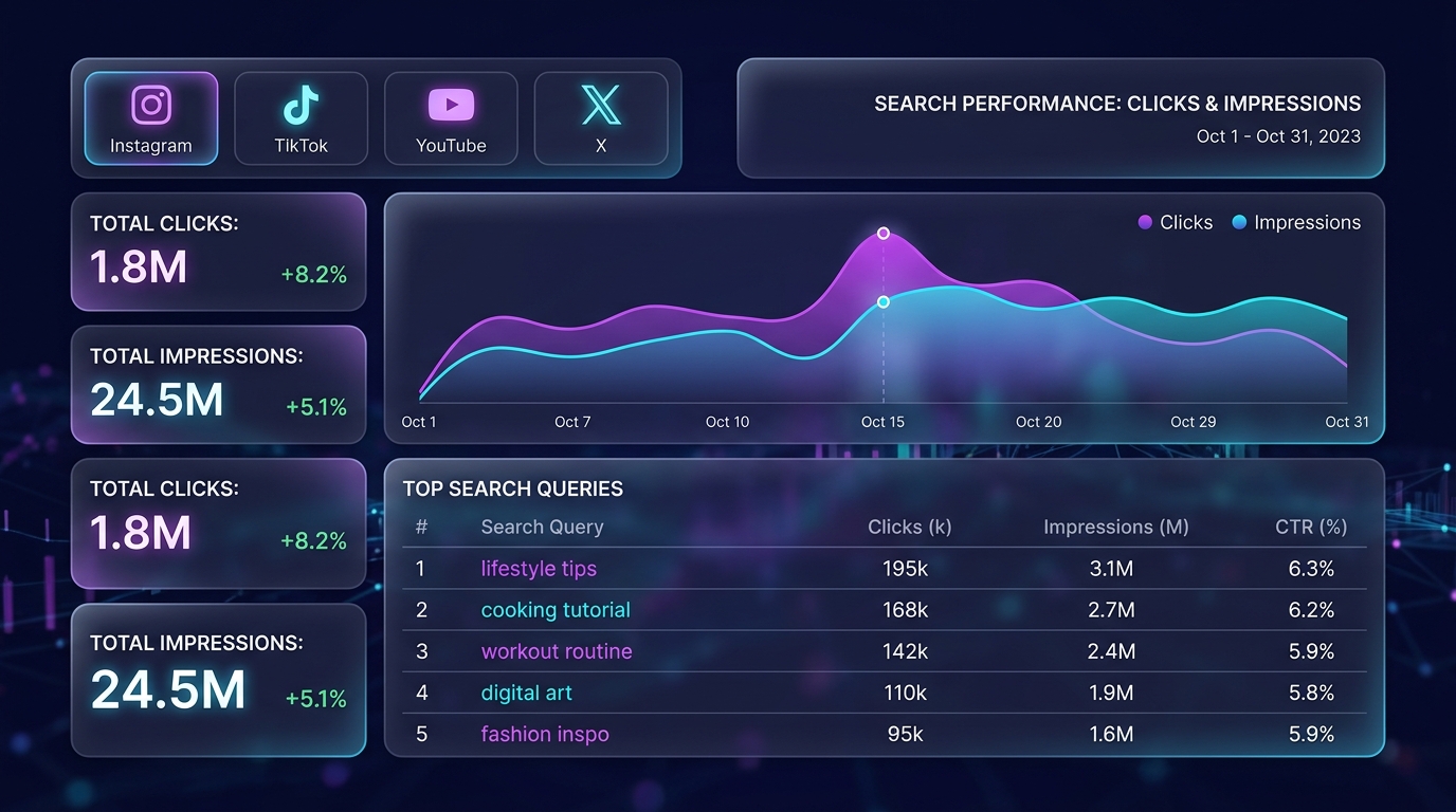 Analytics dashboard showing search performance data with clicks, impressions, and top queries